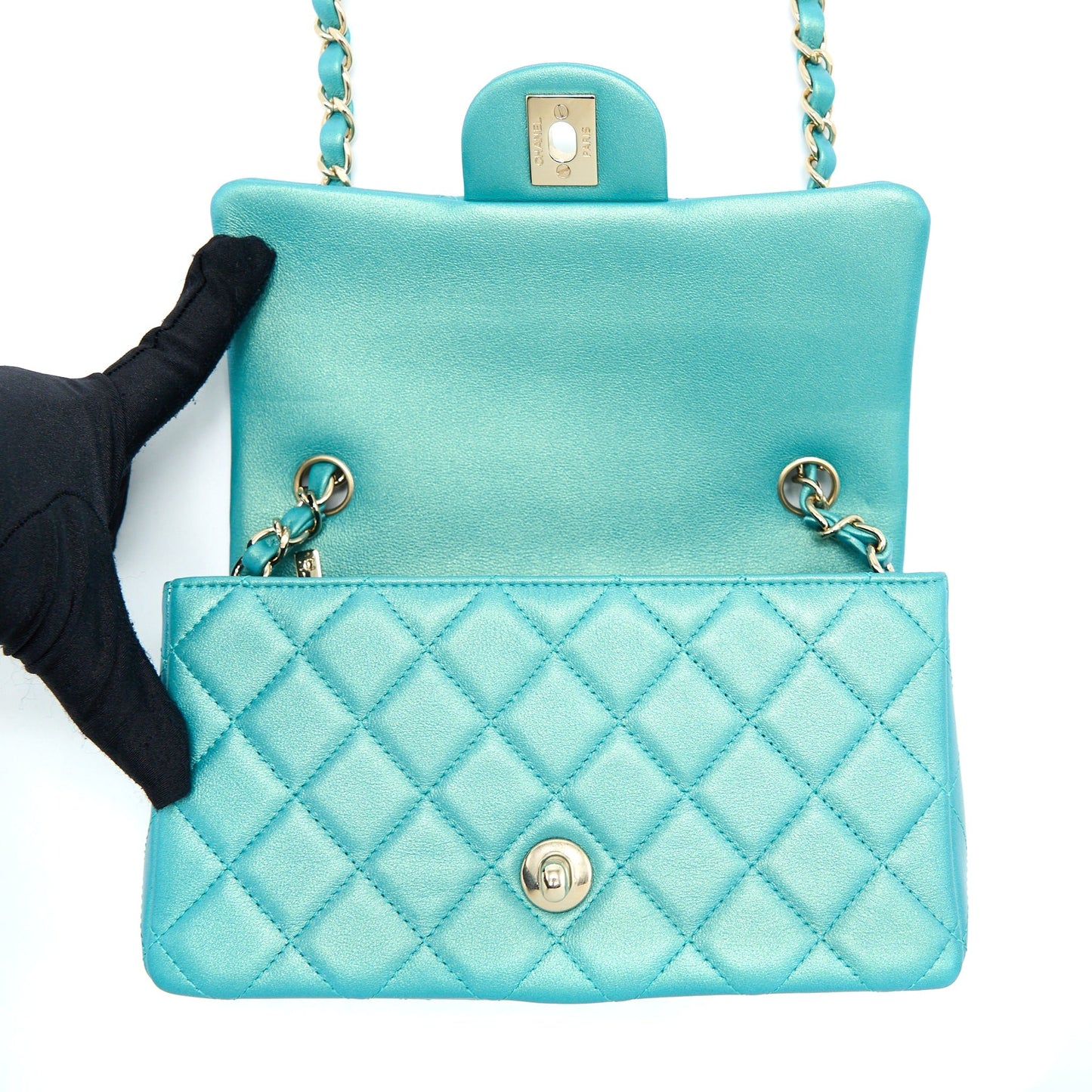 Chanel 21S Mini Rectangular Flap Bag Calfskin Iridescent Green L
