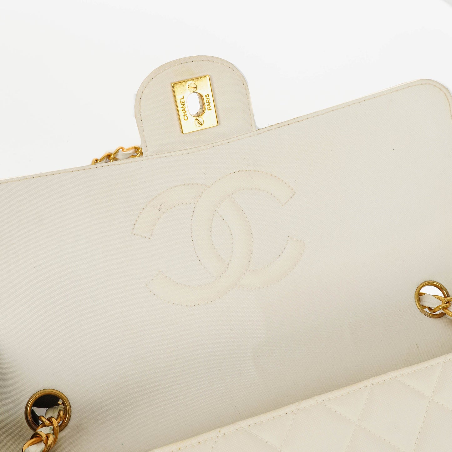 Chanel Medium Classic White Fabric Single Flap Bag With 24K Gold-Plated Hardware