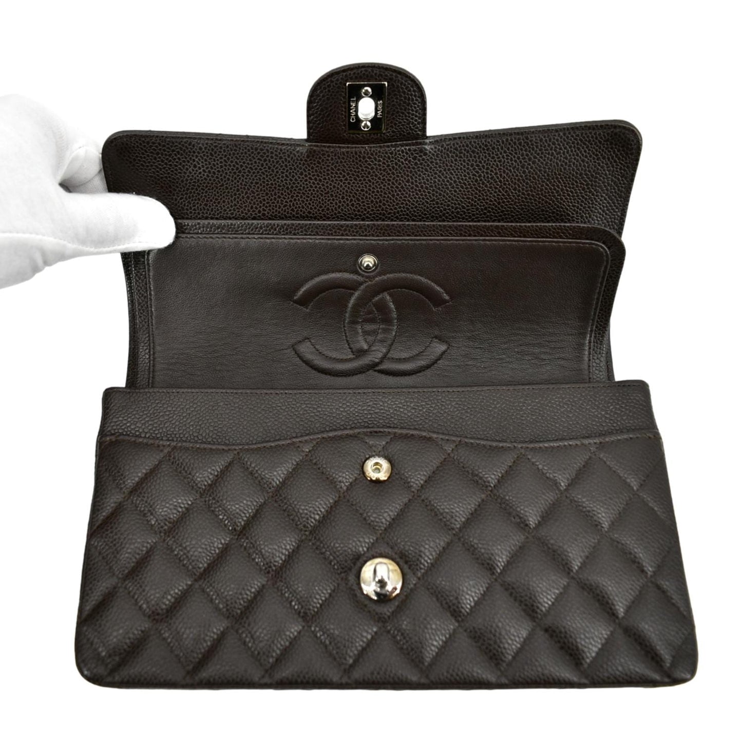 CHANEL Classic Medium Double Flap Caviar Leather Shoulder Bag Chocolate