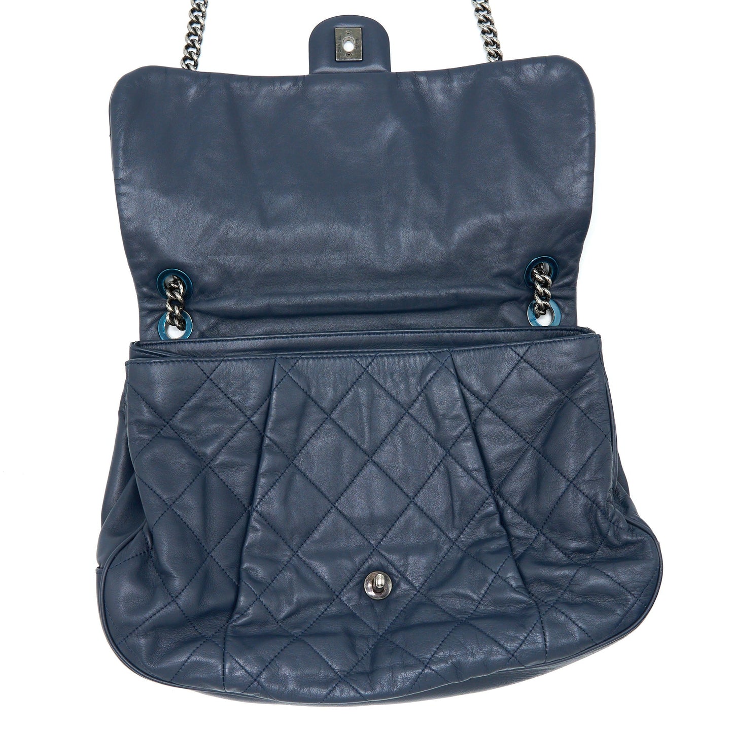 Chanel Flap Hobo Bag Calfskin Navy With Ruthenium Sliver Hardware
