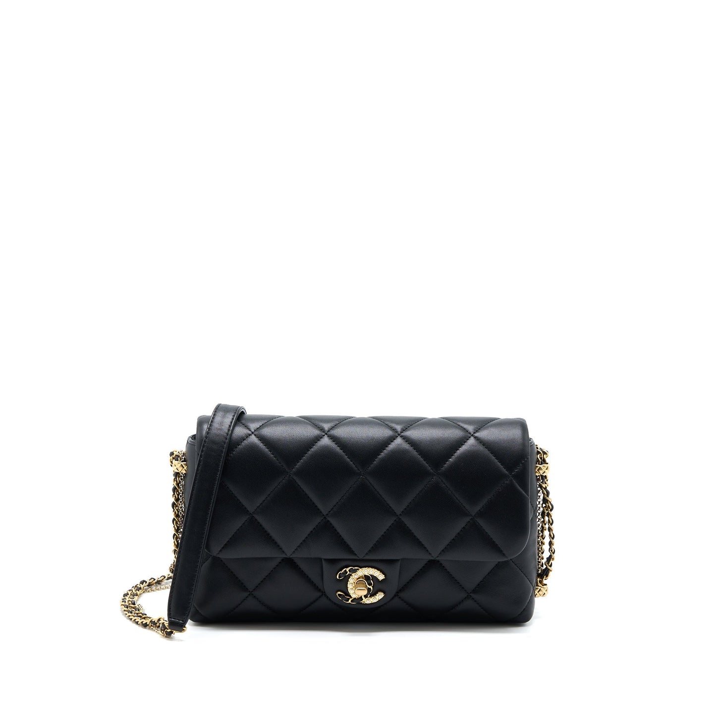 Chanel Quilted Detailed Logo Flap Bag Lambskin Black  (Microchip)