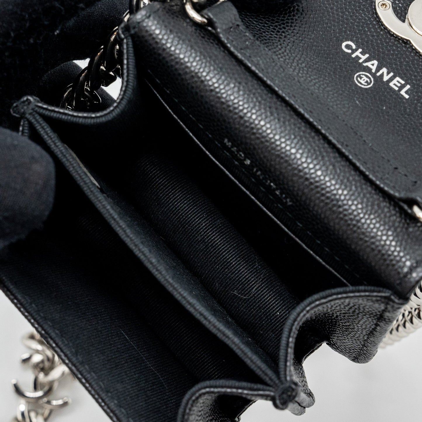 CHANEL MINI FLAP BAG WITH Coco Enamel CHAIN CAVIAR BLACK