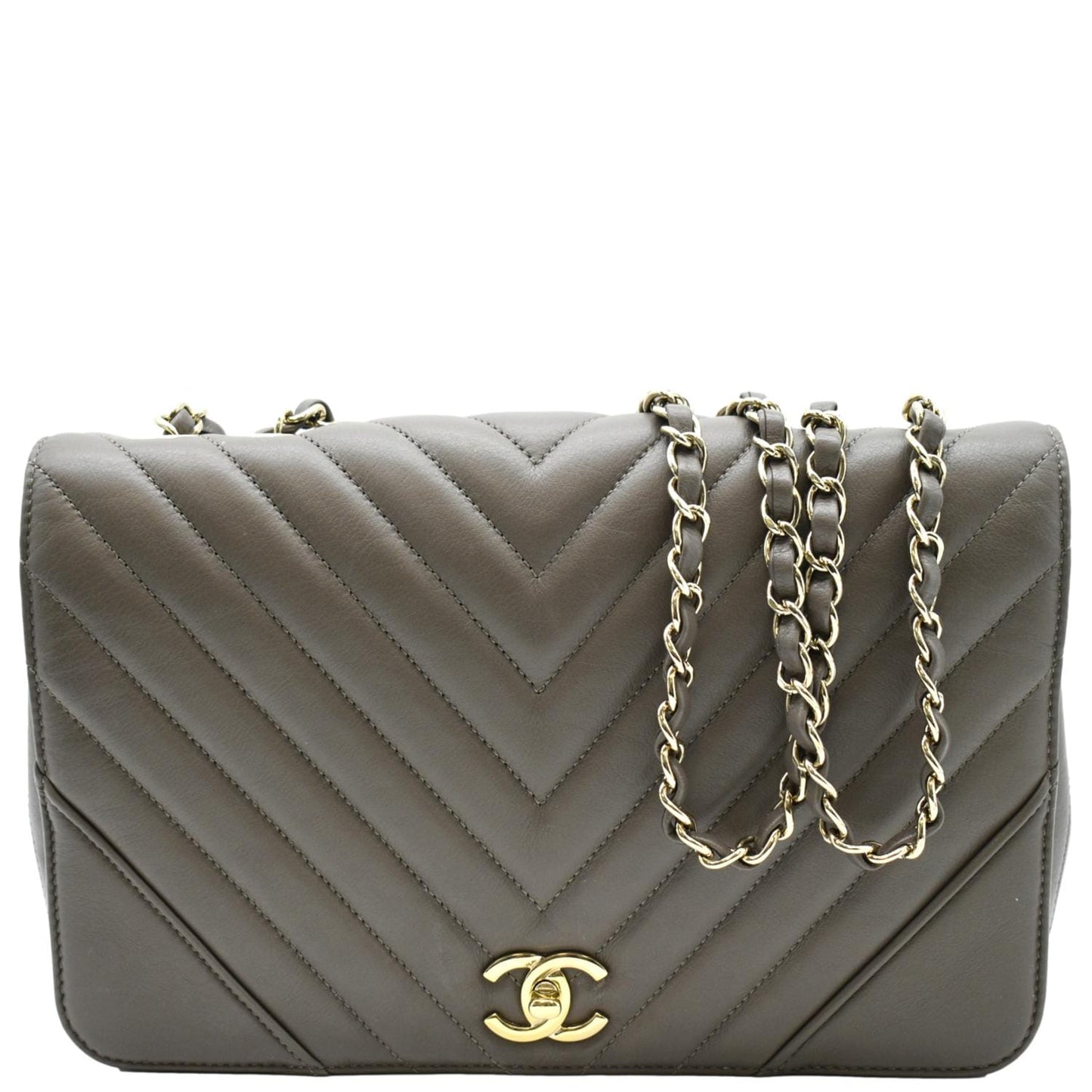 CHANEL Statement Medium Flap Quilted Chevron Crossbody Bag Khaki