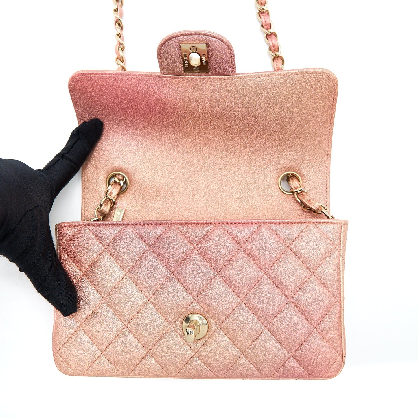 Chanel 21S Mini Rectangular Flap Bag Metallic Grained Lambskin Ombré Rose Gold L