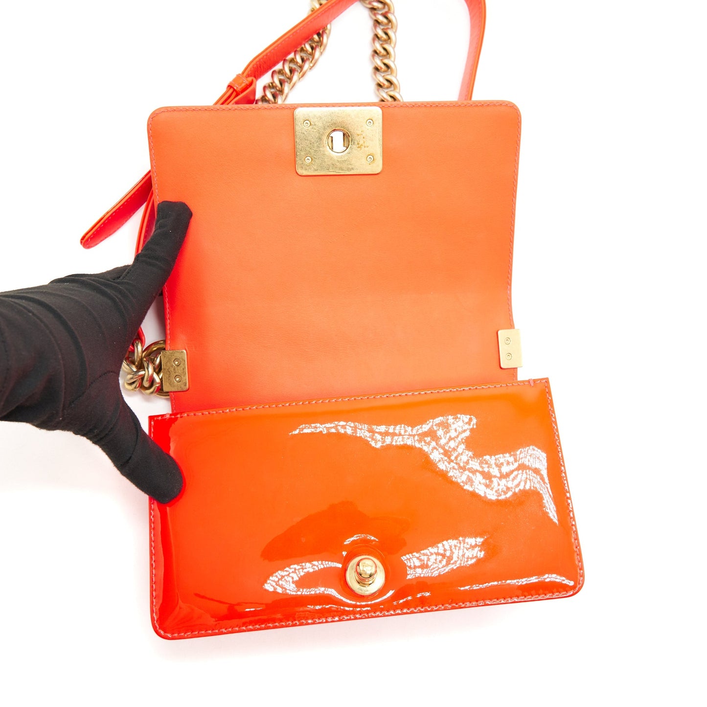 Chanel Small Boy Bag patent leather Bright Orange