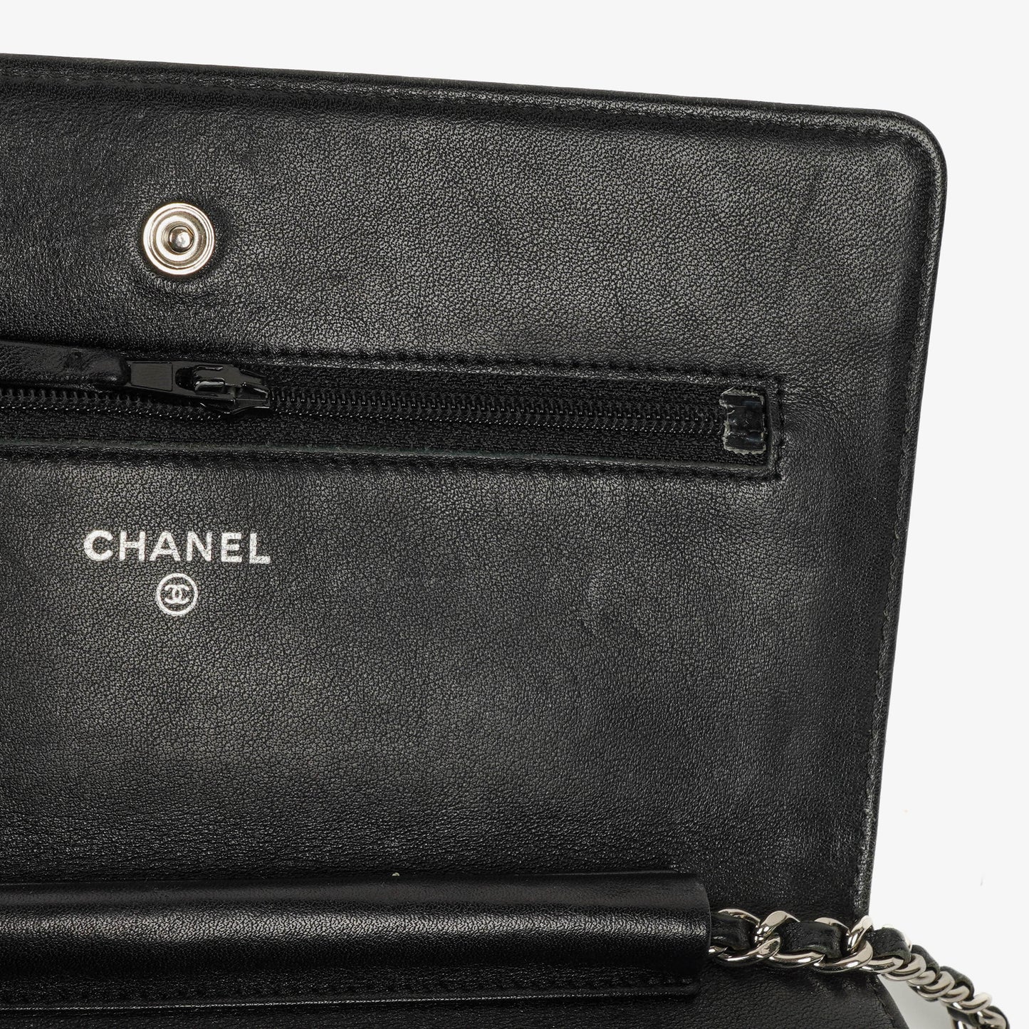 Chanel Black Patent Leather Quilted Wallet On Chain Bag