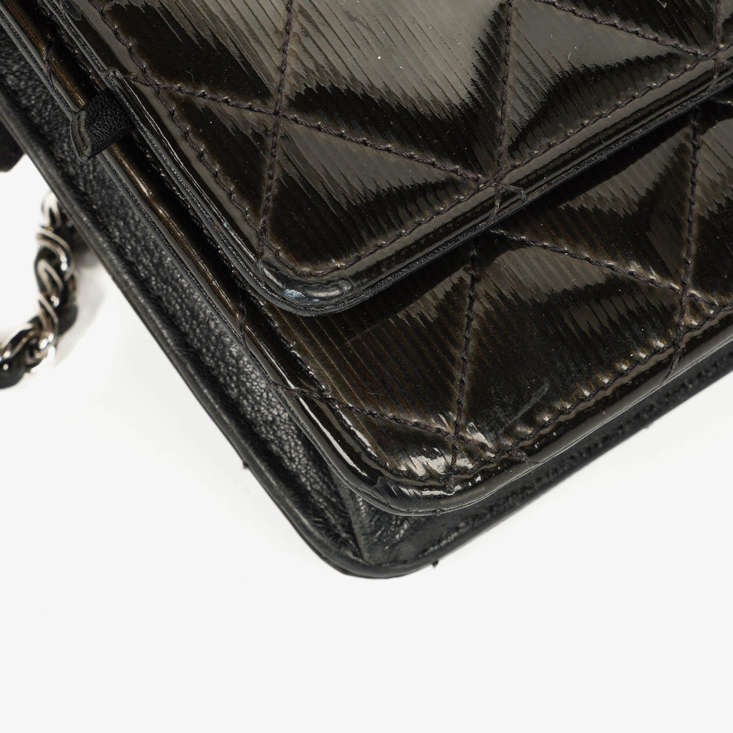 Chanel Black Patent Leather Quilted Wallet On Chain Bag