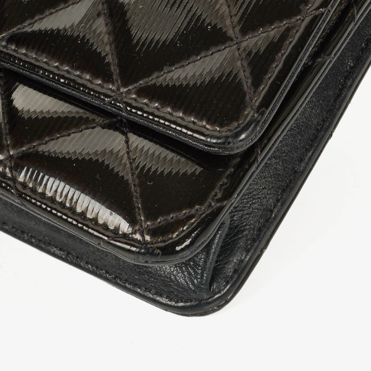 Chanel Black Patent Leather Quilted Wallet On Chain Bag