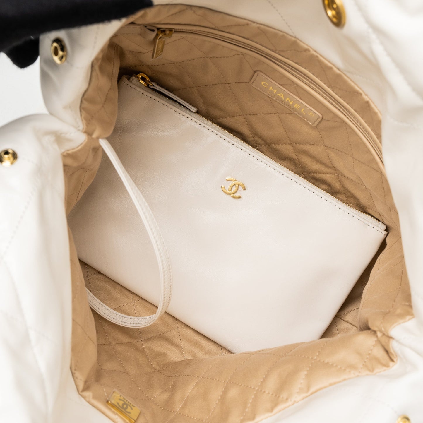 Chanel Small 22 Bag Black Letter Shiny Calfskin White Brushed  (Microchip)