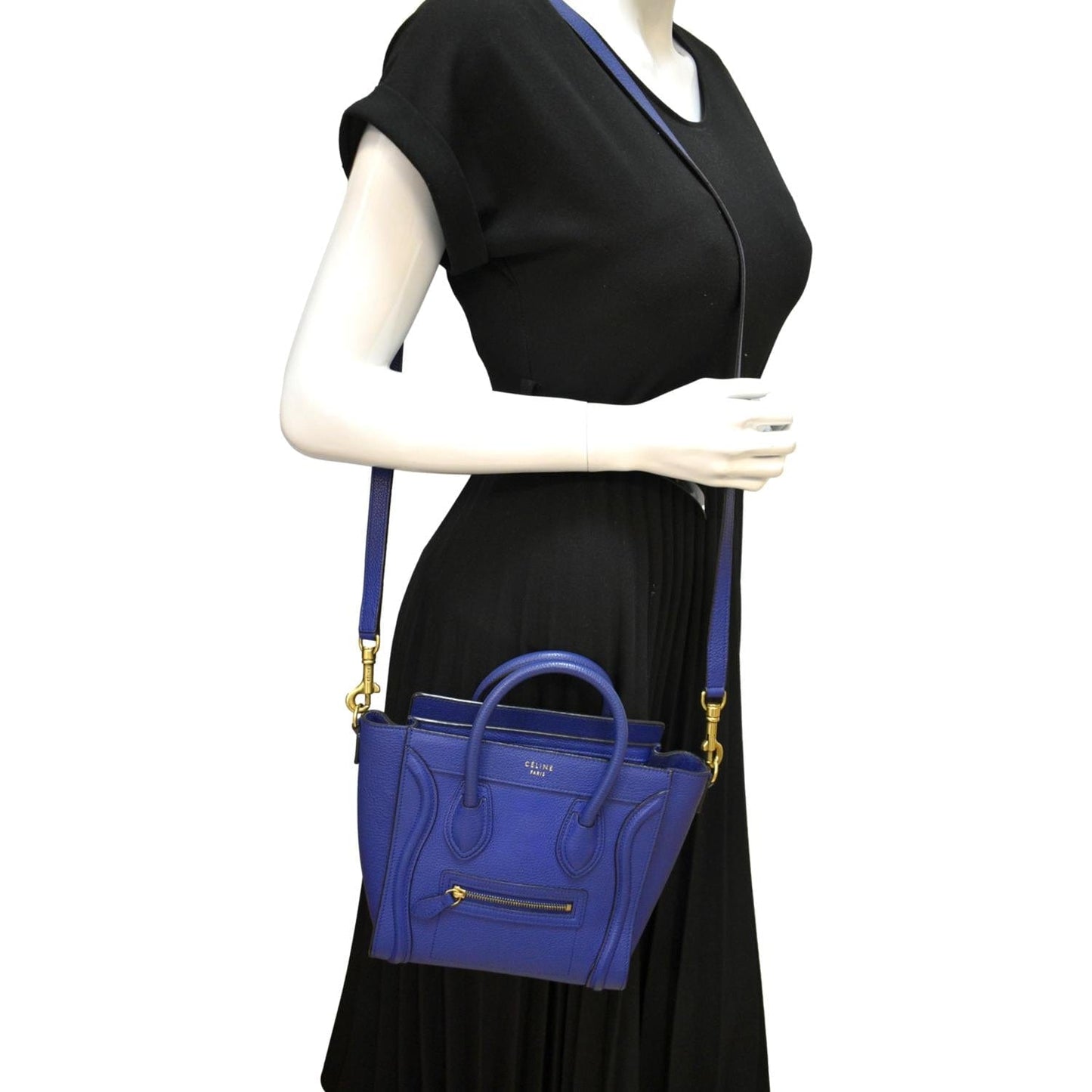 CELINE Nano Luggage Drummed Leather Tote Crossbody Bag Blue