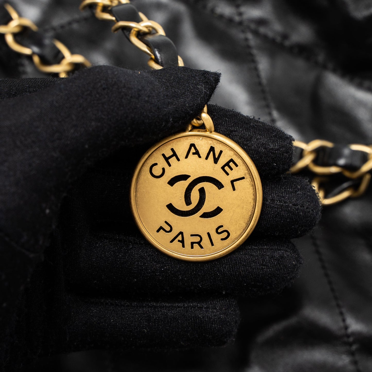 Chanel Small 22 Bag Gold Letter Shiny Calfskin Black Brushed  (Microchip)