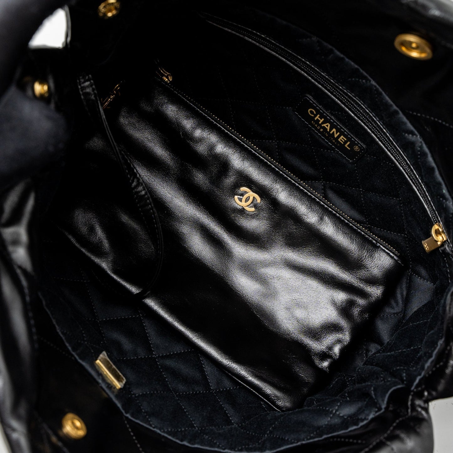 Chanel Small 22 Bag Gold Letter Shiny Calfskin Black Brushed  (Microchip)