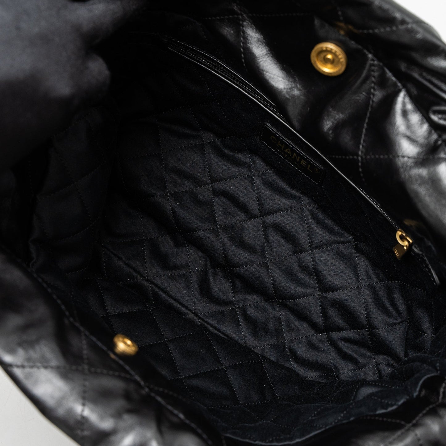 Chanel Small 22 Bag Gold Letter Shiny Calfskin Black Brushed  (Microchip)