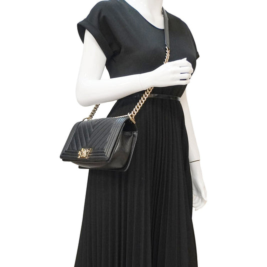 CHANEL Boy Flap Chevron Leather Shoulder Bag Black