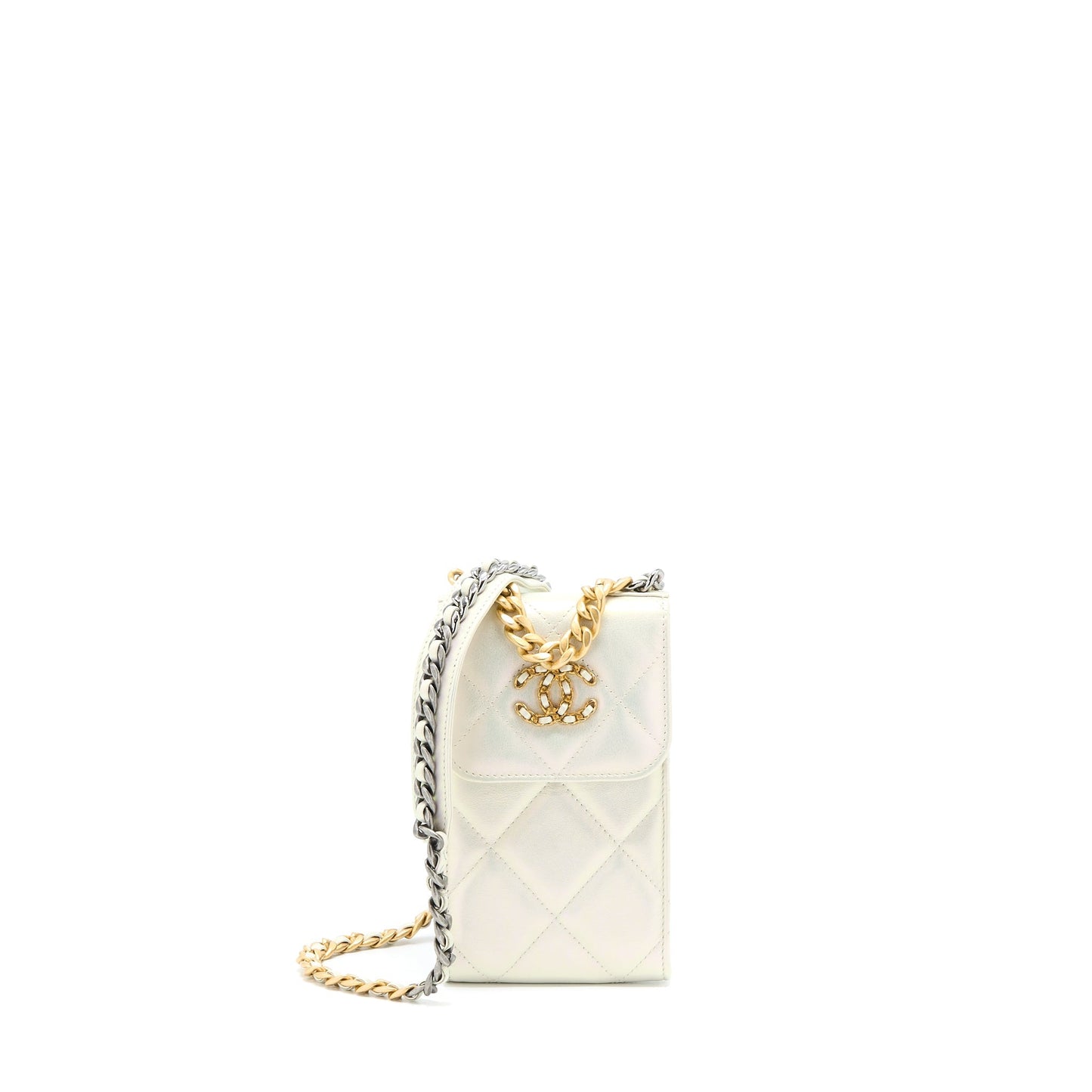 Chanel 19 Phone Pouch With Chain Iridescent White