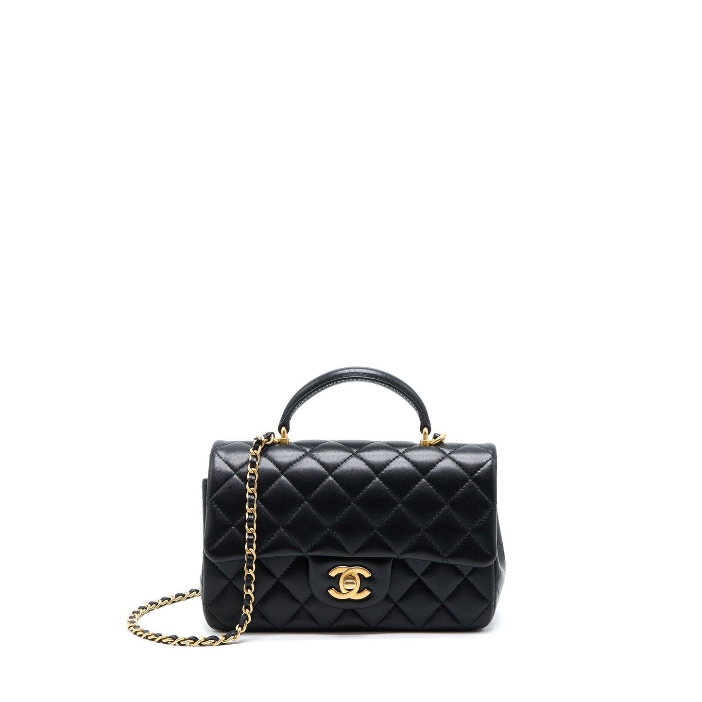 Chanel 21K Top Handle Mini Rectangular Flap Bag Lambskin Black Brushed (Microchip)