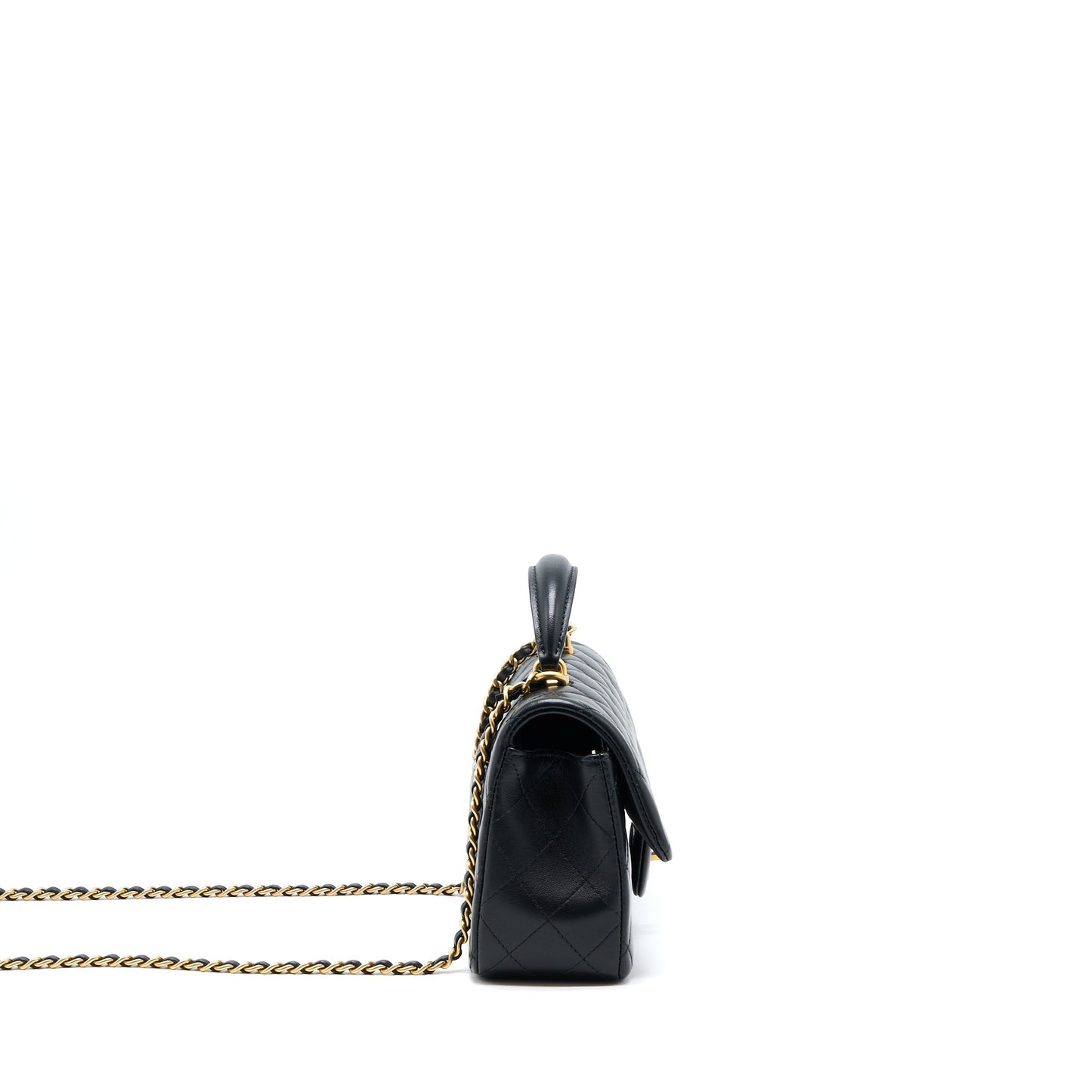 Chanel 21K Top Handle Mini Rectangular Flap Bag Lambskin Black Brushed (Microchip)