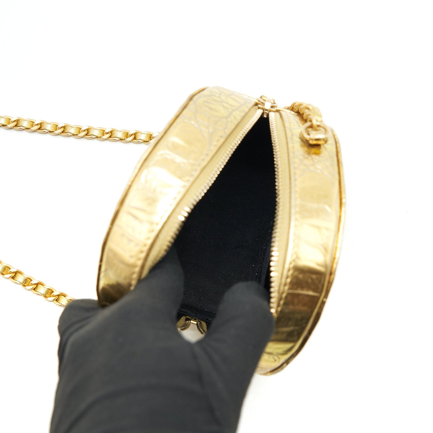 Chanel mini Round Vanity with chain Croc Embossed leather Gold