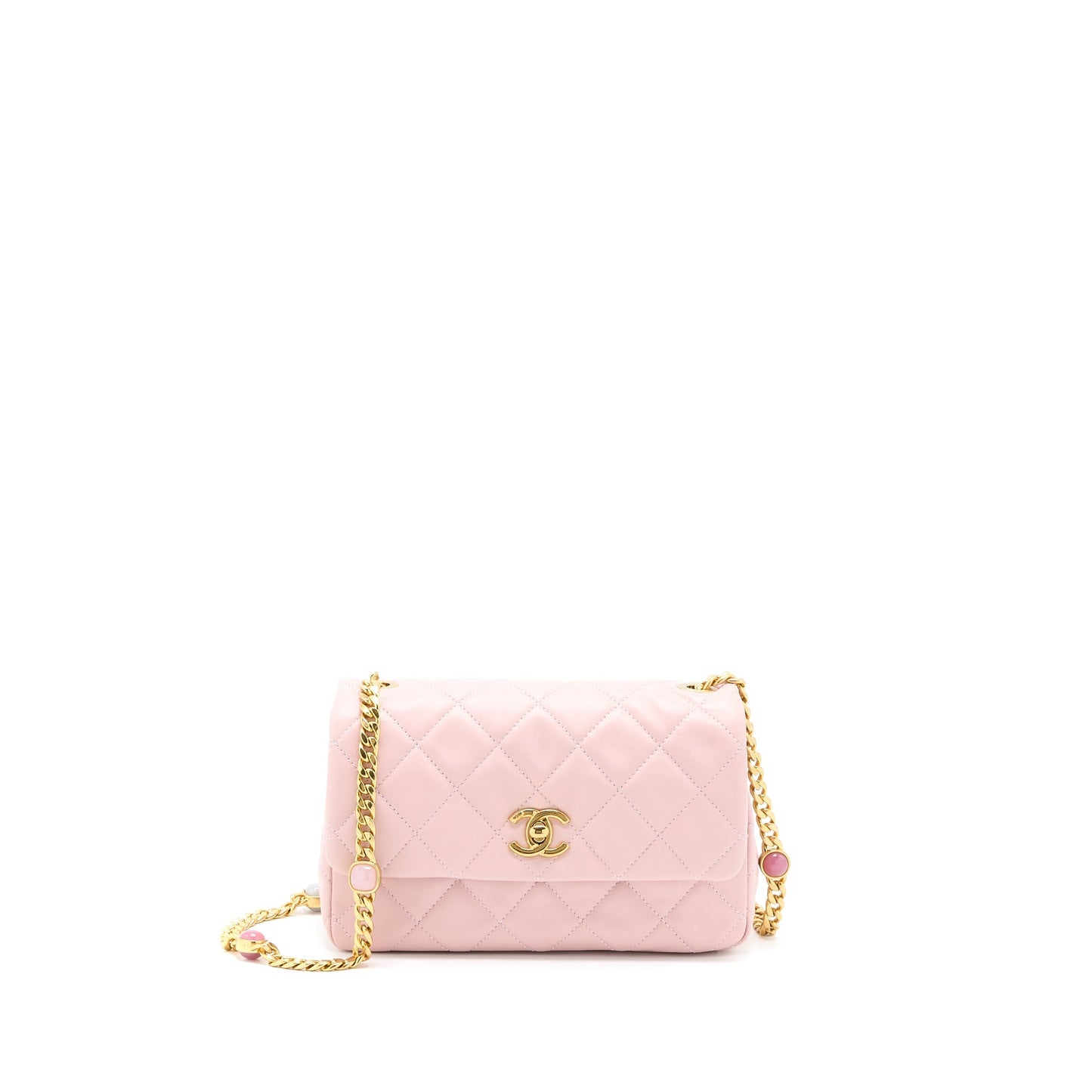 Chanel 22B Small Flap Bag With Gem Chain Lambskin Pink  (Microchip)