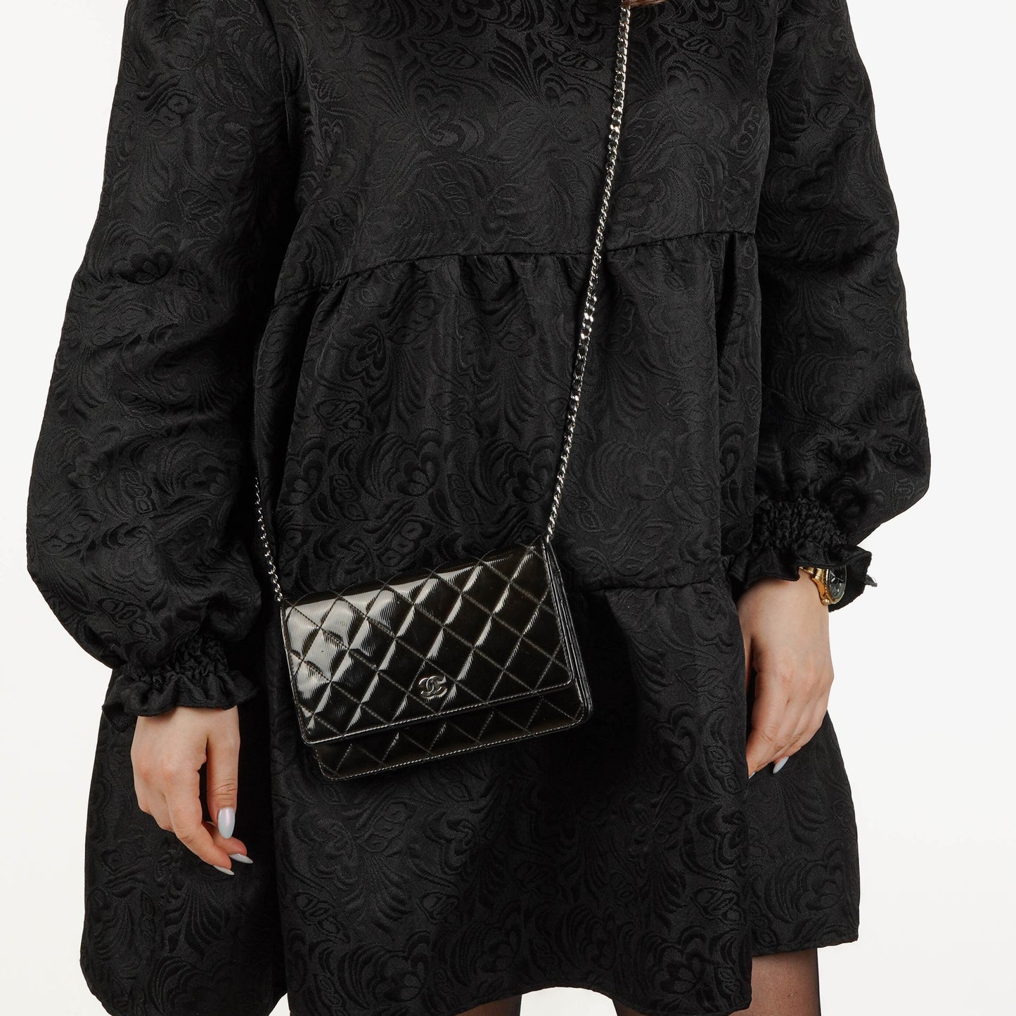 Chanel Black Patent Leather Quilted Wallet On Chain Bag