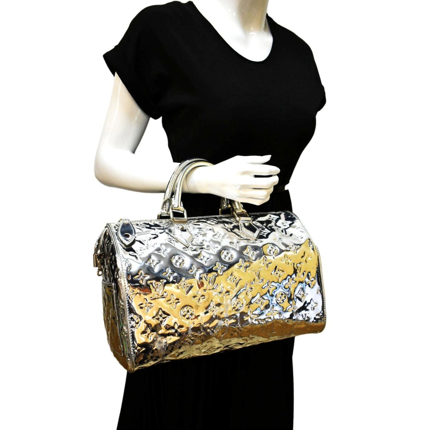 LOUIS VUITTON  30 Miroir Monogram Patent Leather Satchel Bag Metallic Silver