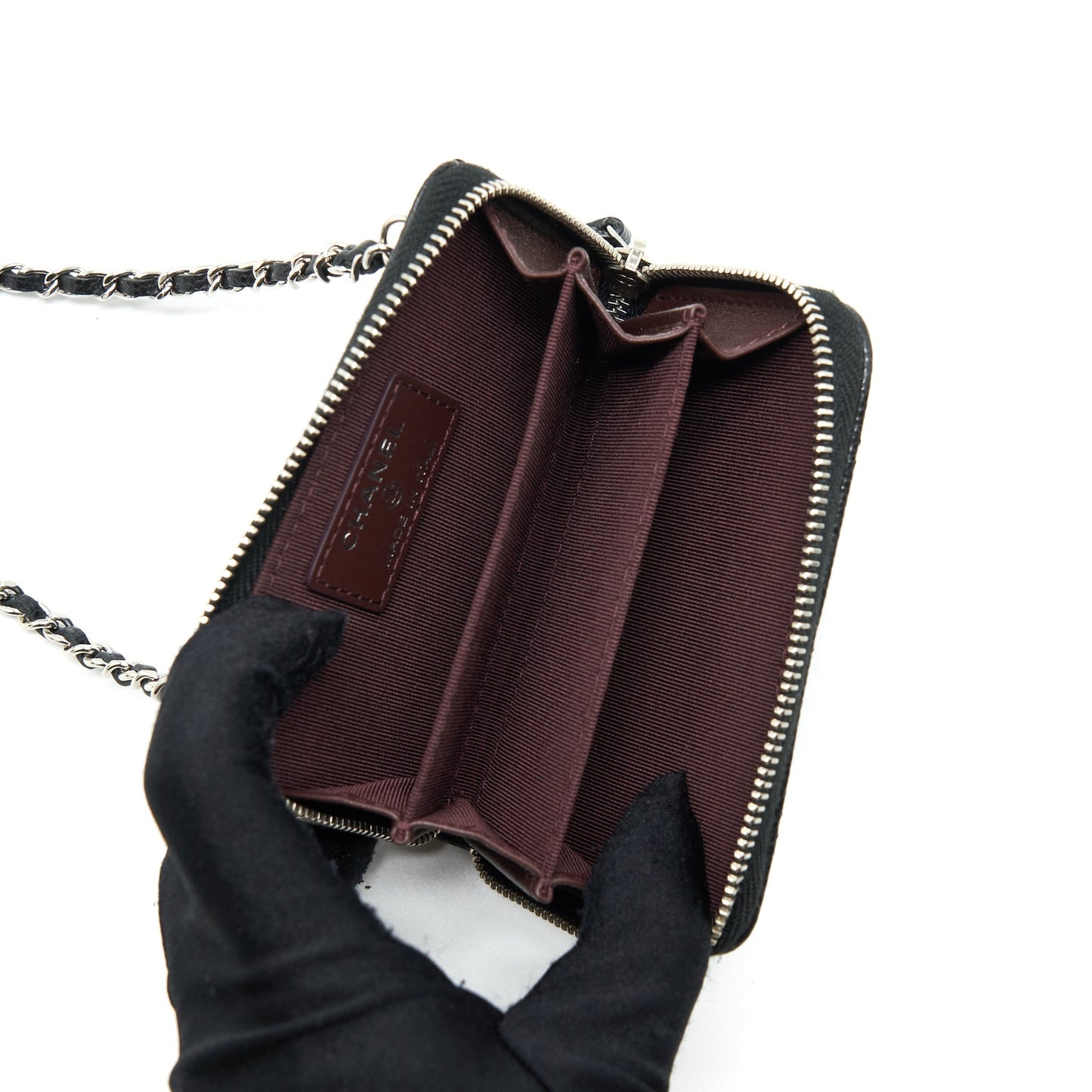 Chanel Mini Zippy Card Holder With Chain Caviar Black