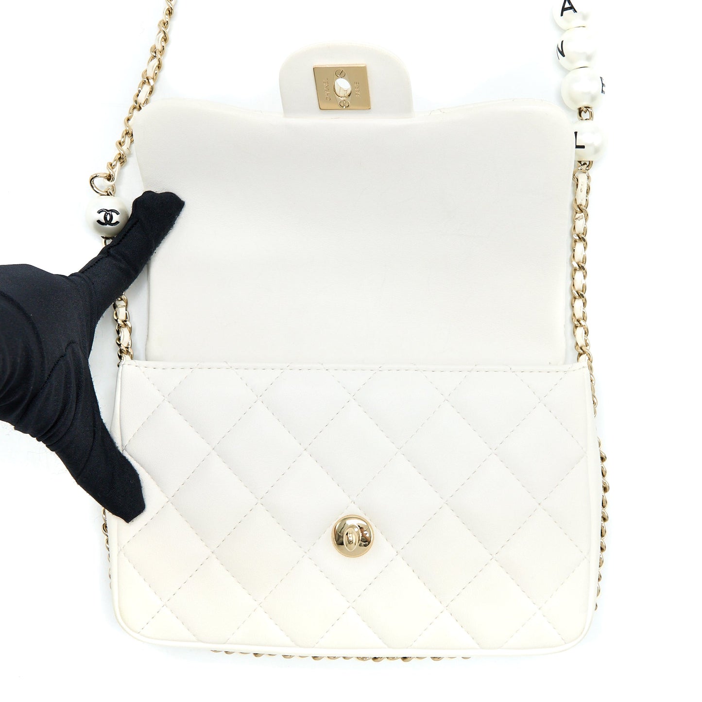 Chanel Small Pearl Logo Chain Bag Lambskin White L
