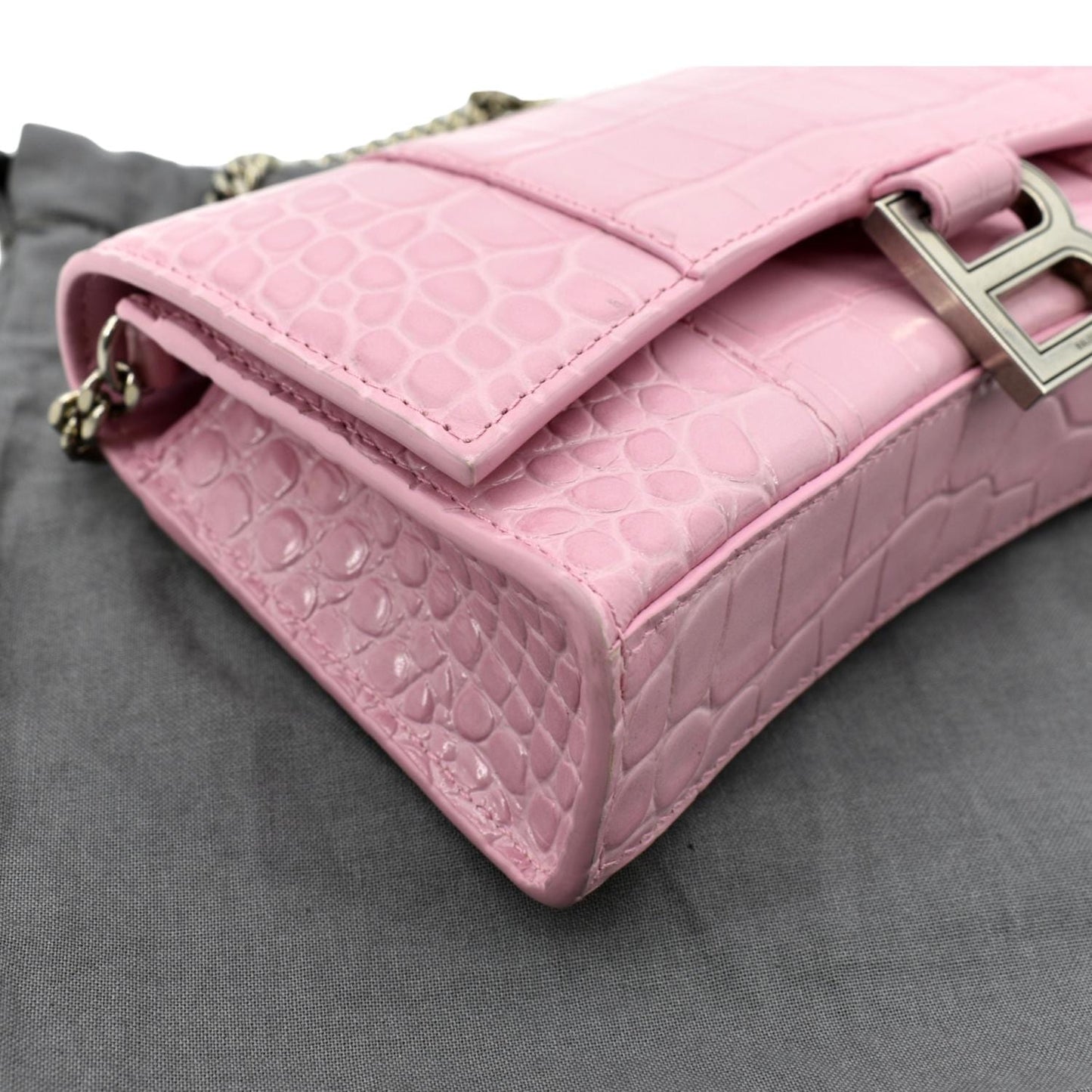 BALENCIAGA Hourglass Crocodile Embossed Chain Wallet Pink