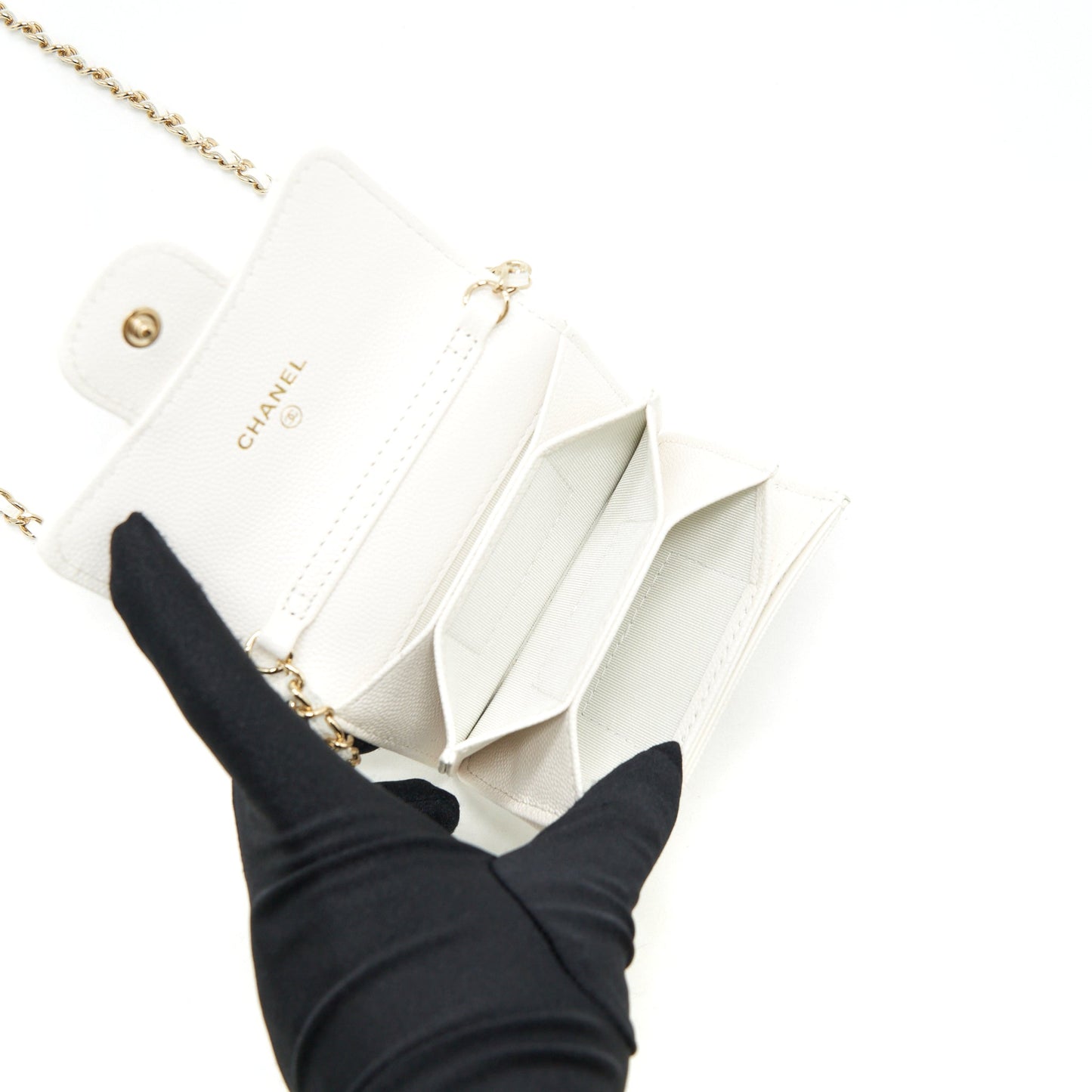 Chanel 21B Card Holder On Chain Caviar White L