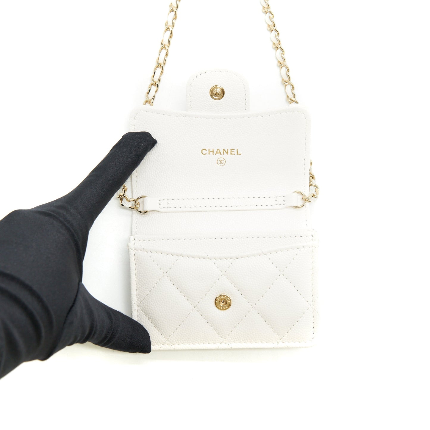 Chanel 21B Card Holder On Chain Caviar White L