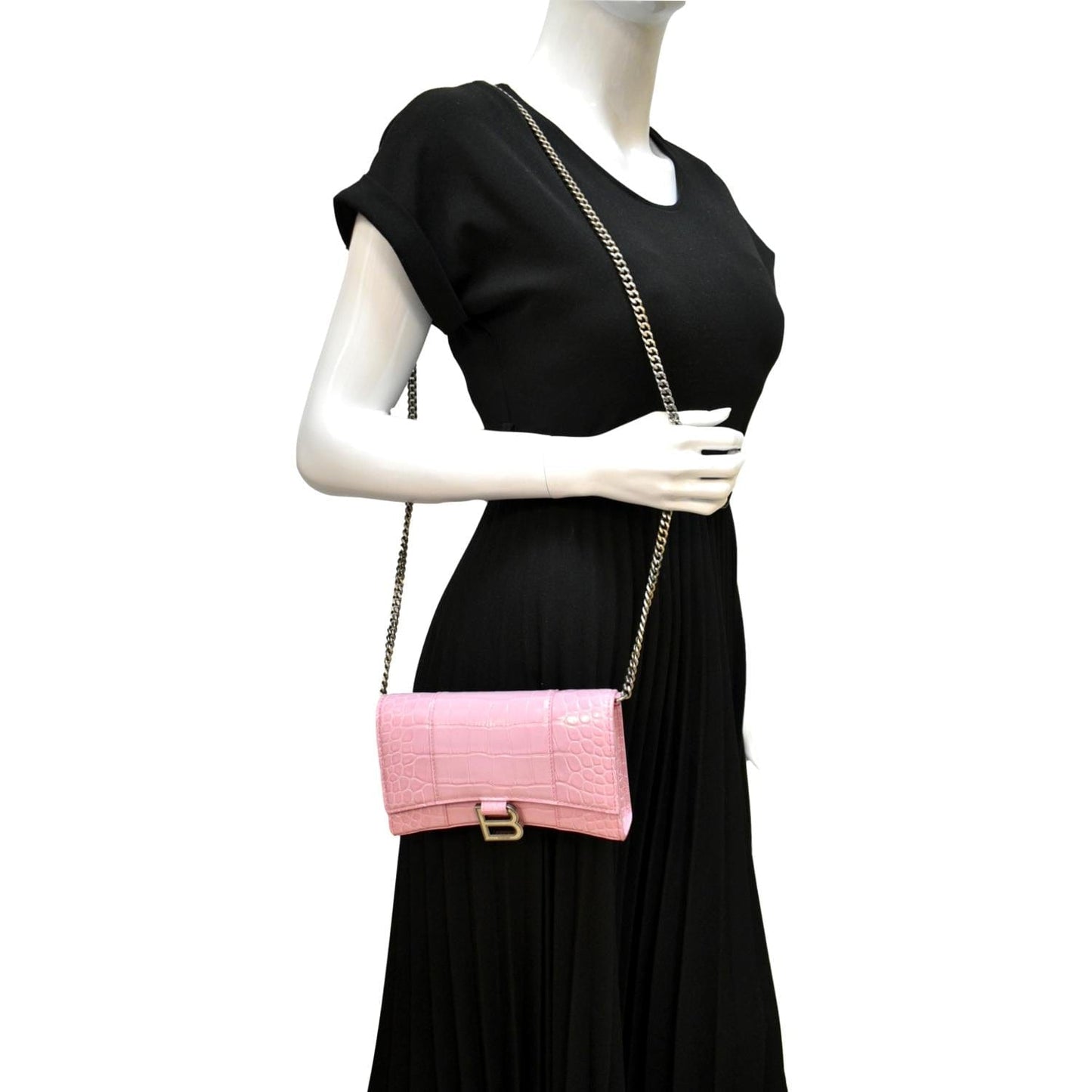 BALENCIAGA Hourglass Crocodile Embossed Chain Wallet Pink