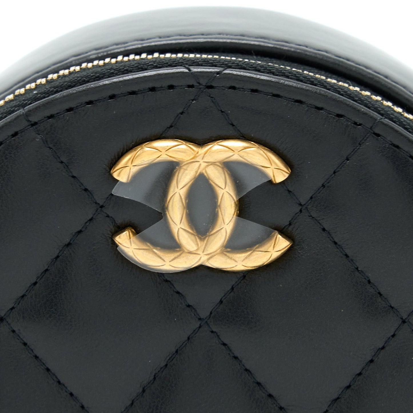Chanel 22K Gold Pillar Round Clutch With Chain Lambskin Black Brushed