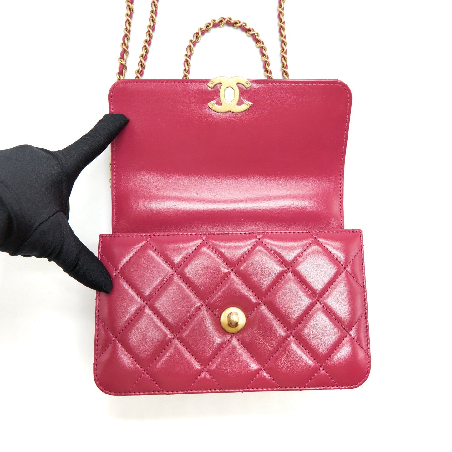 Chanel 21A Small Gold Crush Flap Bag With Chain Calfskin Raspberry Pink