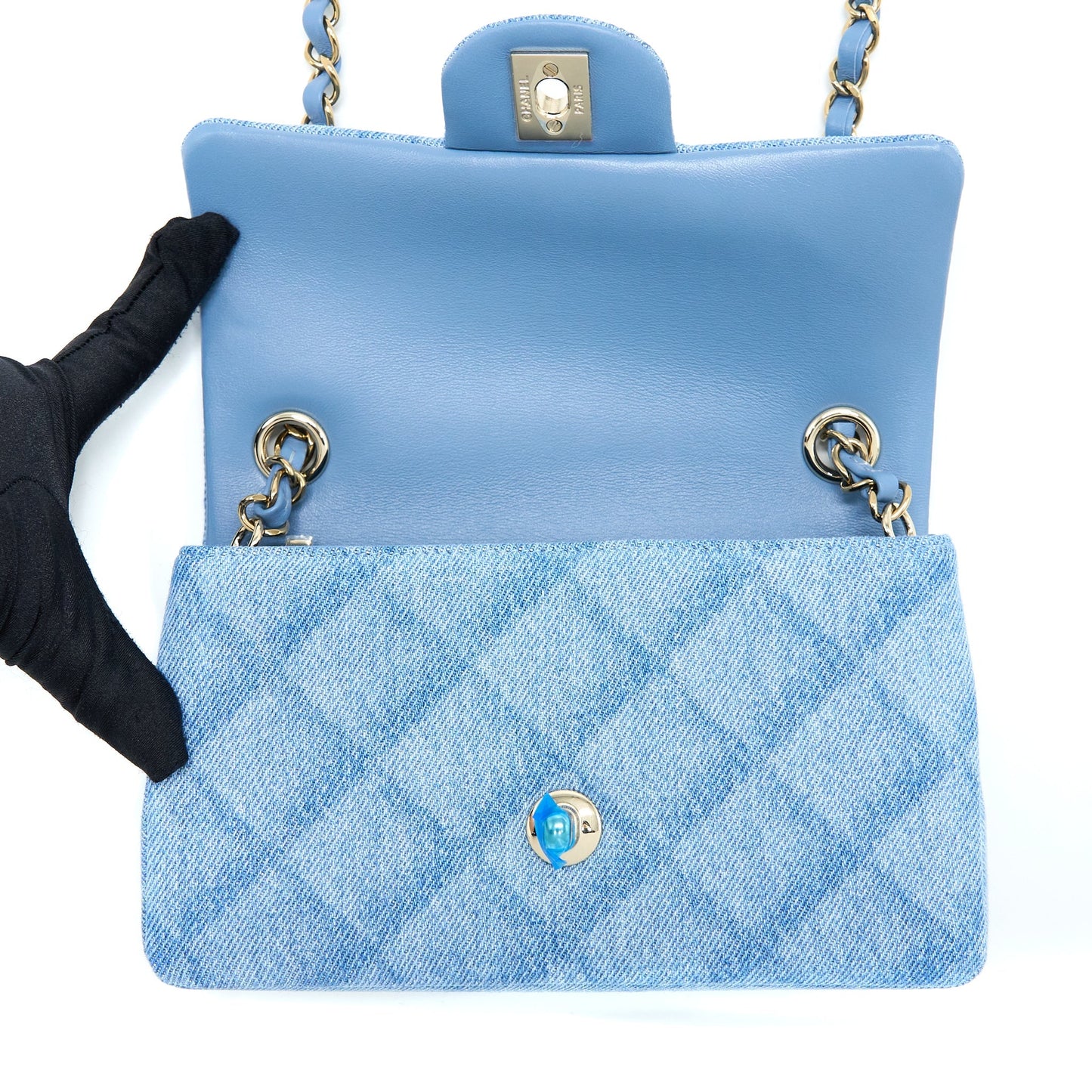 Chanel 22B Mini Rectangular Denim Light Blue L (Microchip)