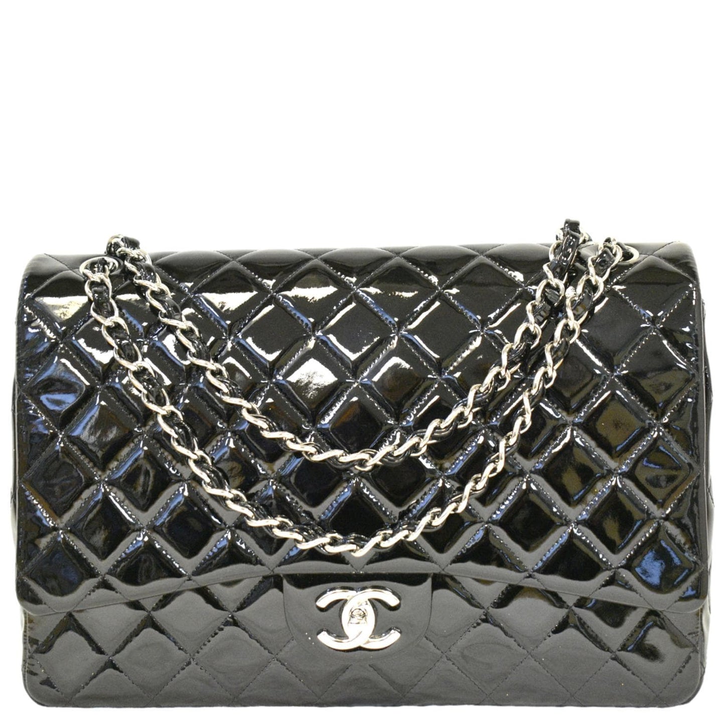 CHANEL Classic Maxi Double Flap Quilted Patent Leather Shoulder Bag Black