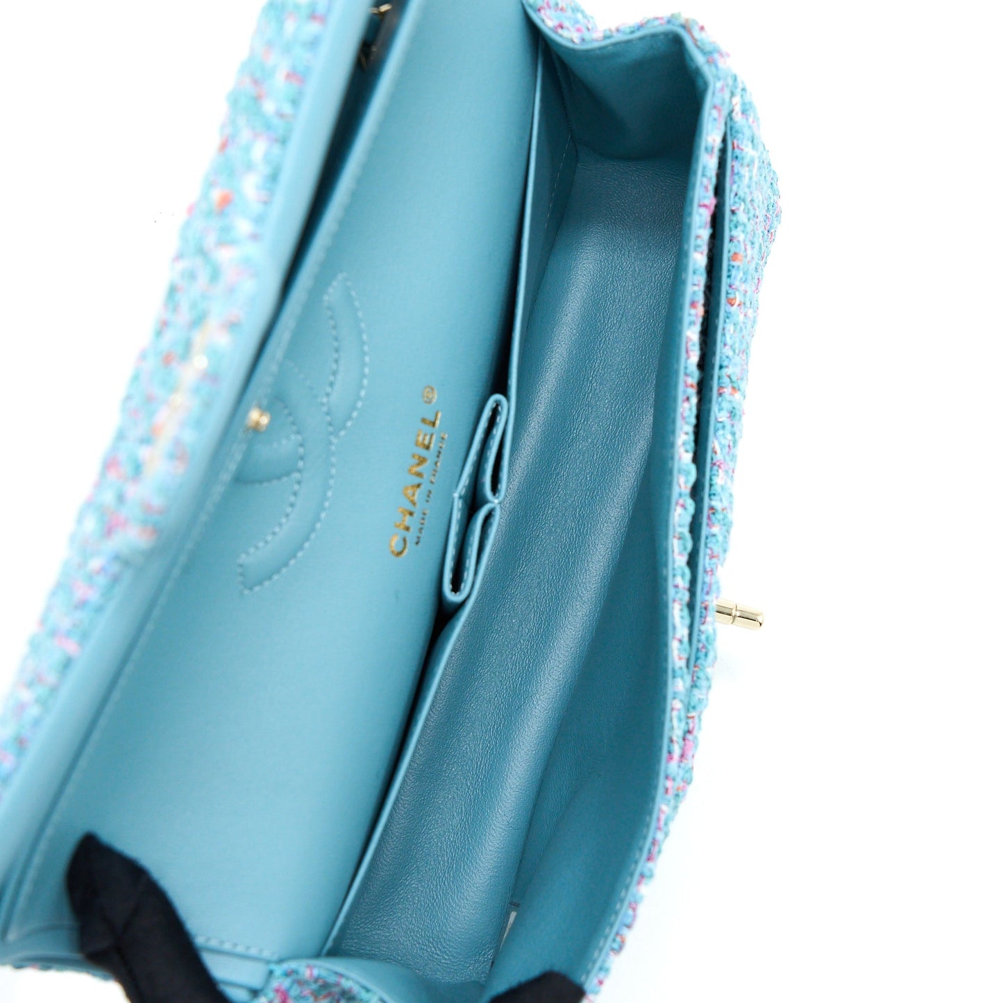 Chanel Tweed Medium Classic Double Flap Bag Light Blue L