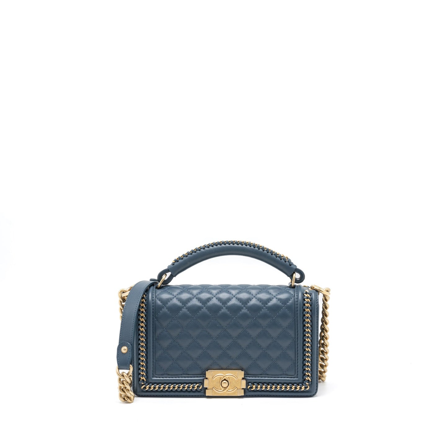 Chanel Top Handle Boy Bag Lambskin Dark Blue Brushed