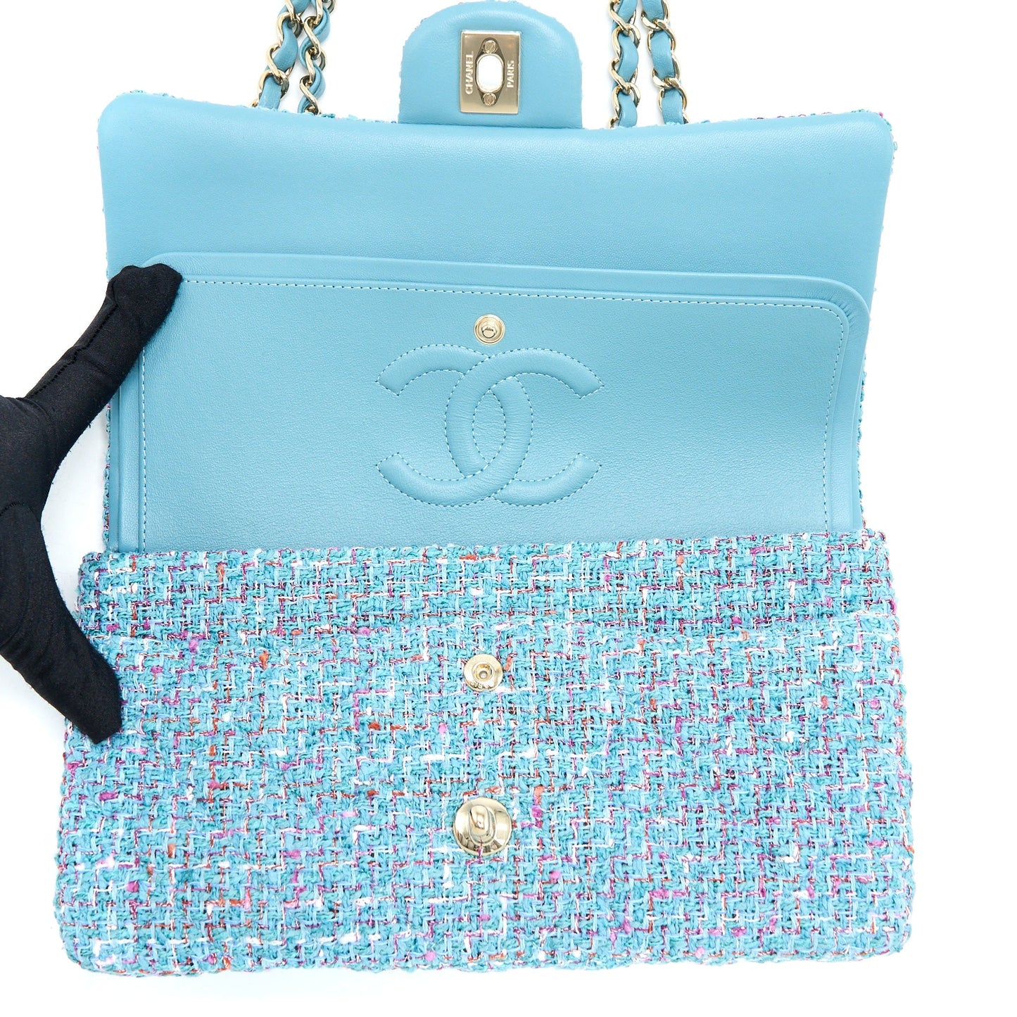 Chanel Tweed Medium Classic Double Flap Bag Light Blue L