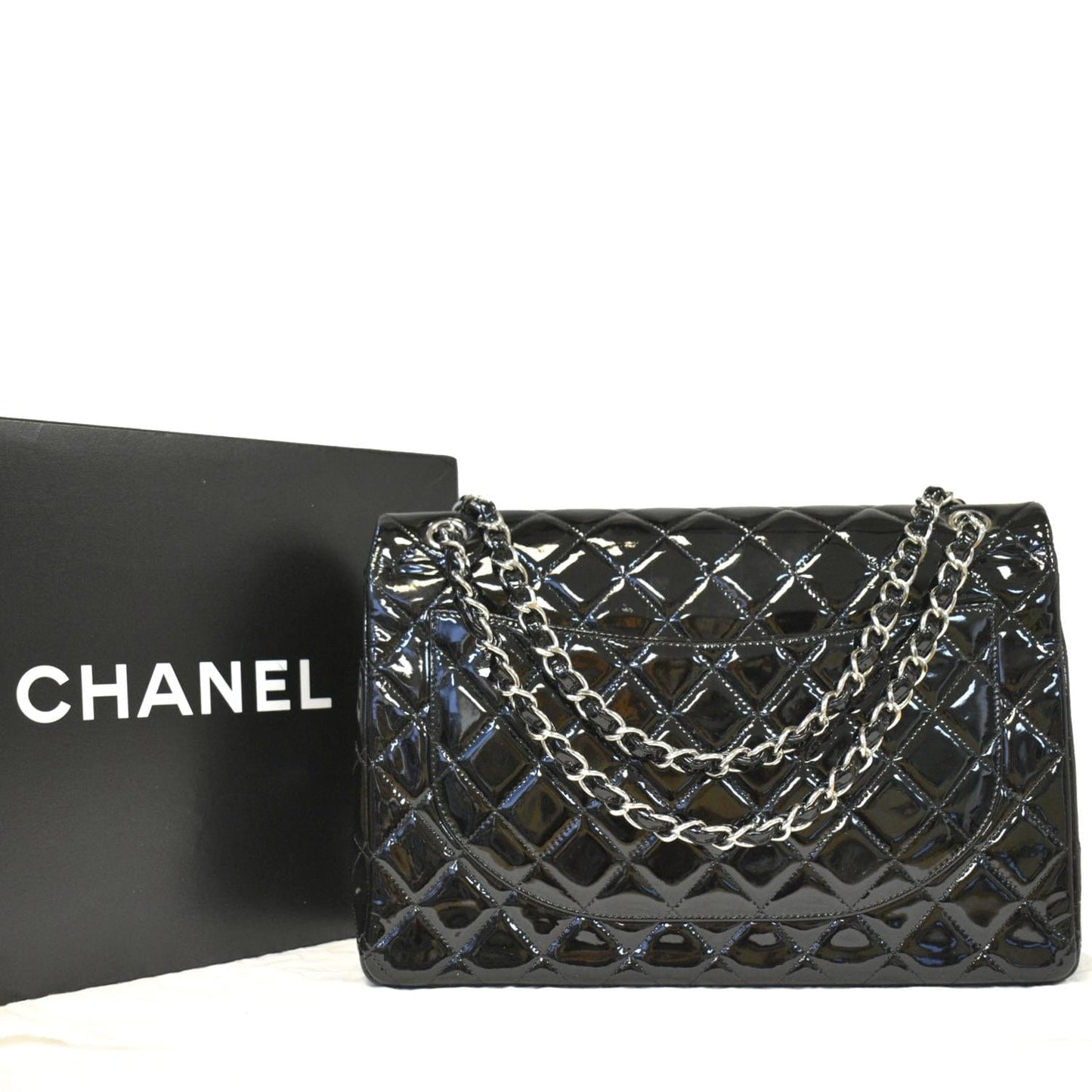 CHANEL Classic Maxi Double Flap Quilted Patent Leather Shoulder Bag Black