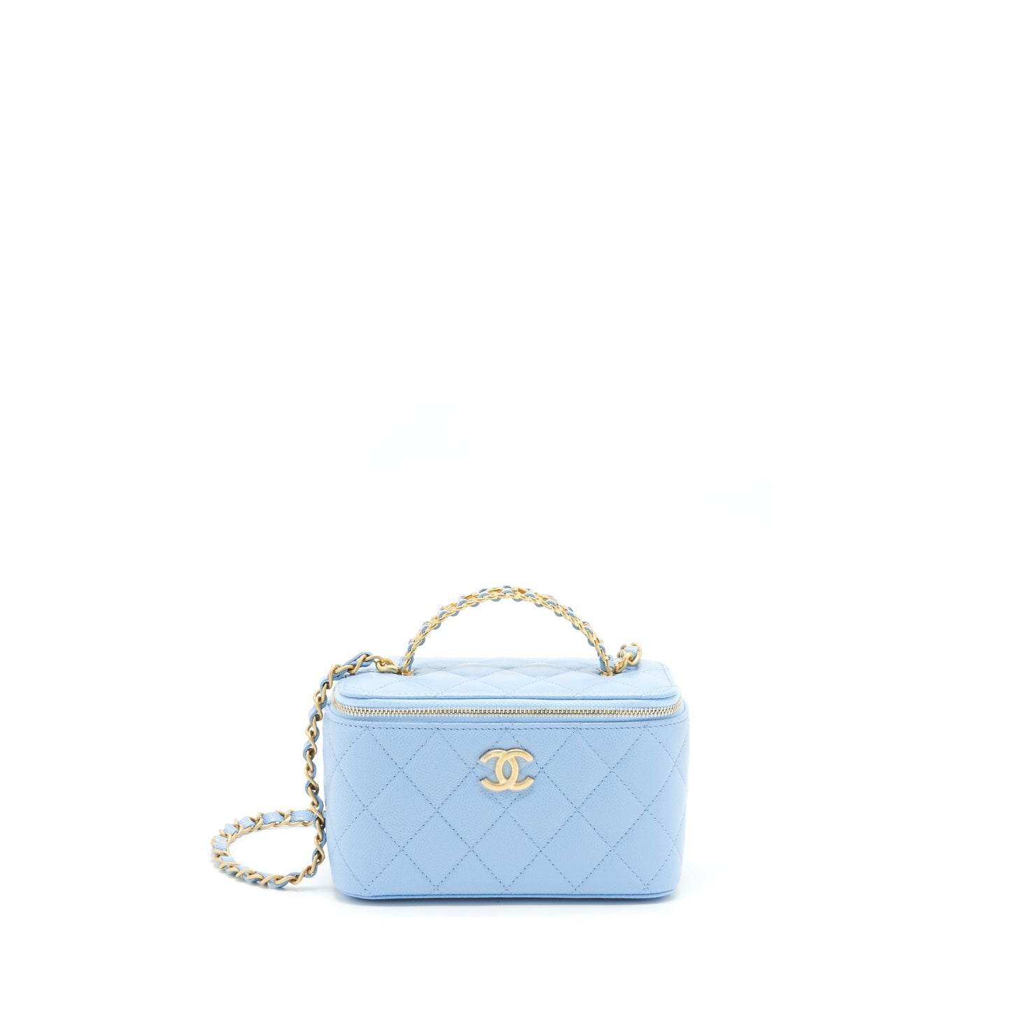Chanel 22S Letter Logo Top Handle Long Vanity With Chain Caviar Light Blue