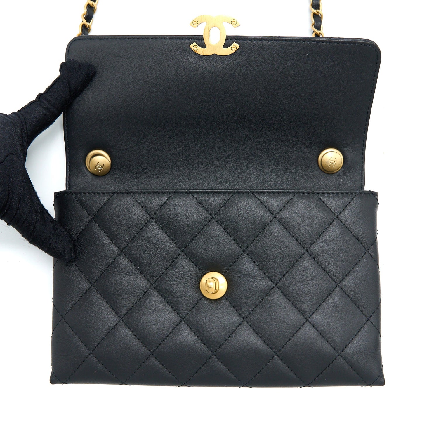 Chanel Handle Flap Bag Calfskin Black Brushed  (Microchip)