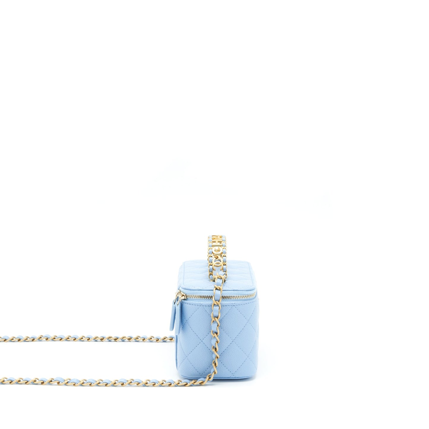 Chanel 22S Letter Logo Top Handle Long Vanity With Chain Caviar Light Blue