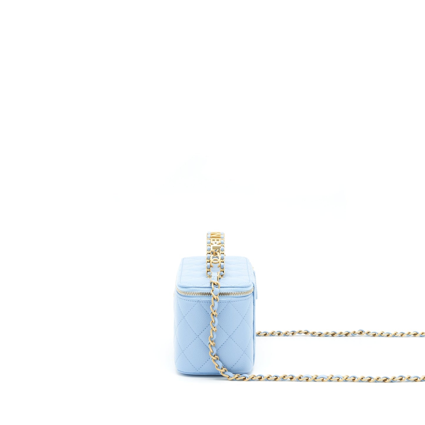 Chanel 22S Letter Logo Top Handle Long Vanity With Chain Caviar Light Blue