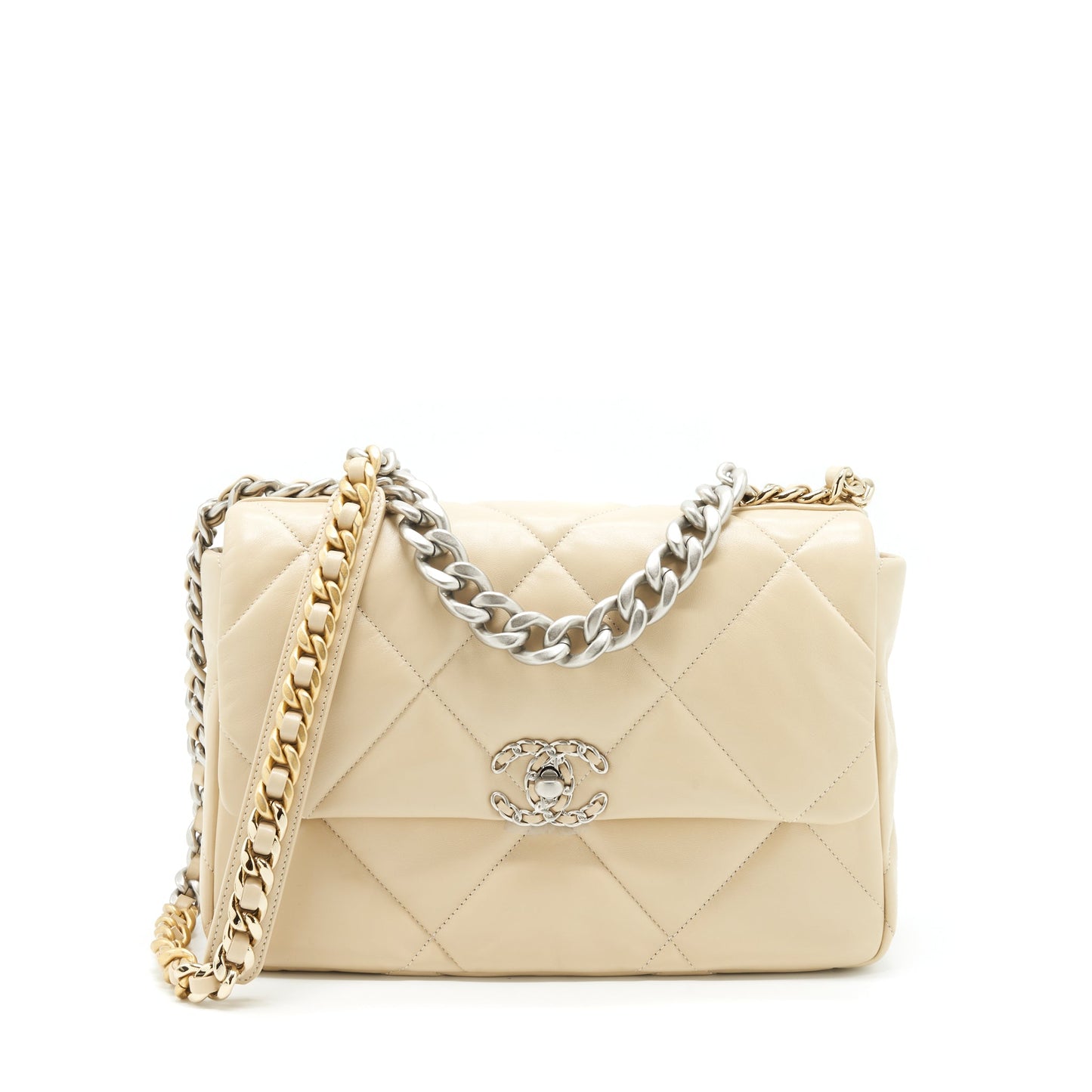 Chanel Medium 19 Bag Quilted Goatskin leather Light Beige Gold/Silver Hardware