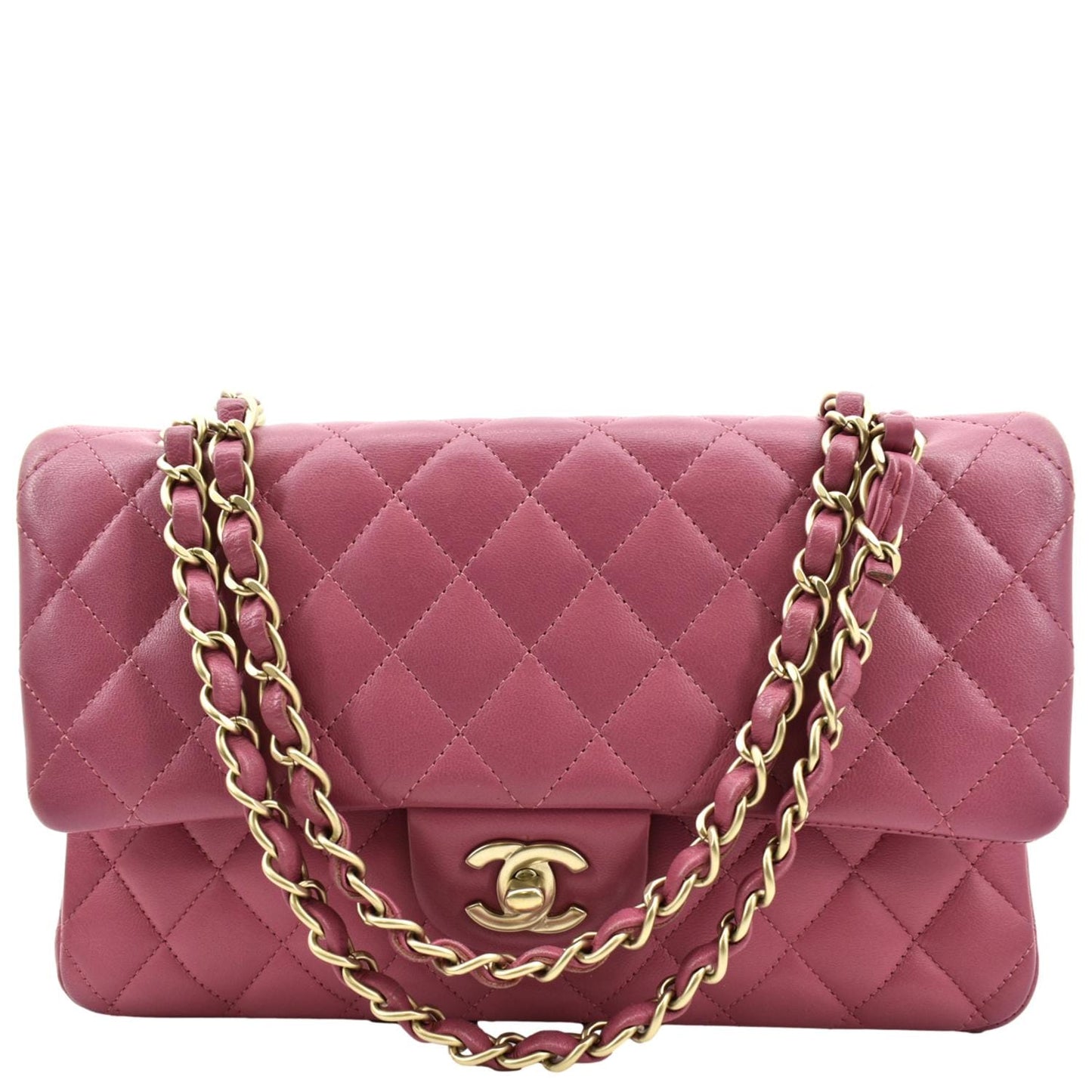 CHANEL Classic Medium Double Flap Quilted Leather Shoulder Bag Pink