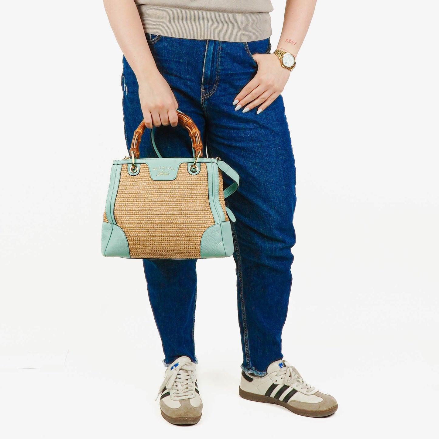 Gucci Woven Straw and Leather Bamboo Shopper Tote Bag