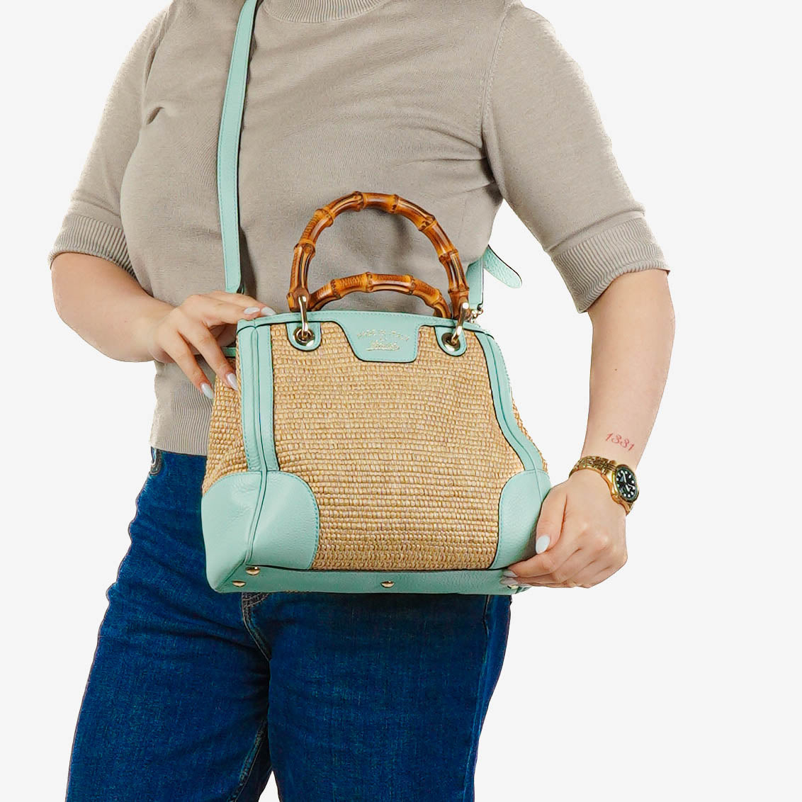 Gucci Woven Straw and Leather Bamboo Shopper Tote Bag