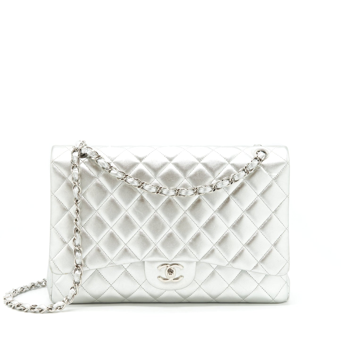 Chanel Maxi Classic Double Flap Bag Lambskin Sliver