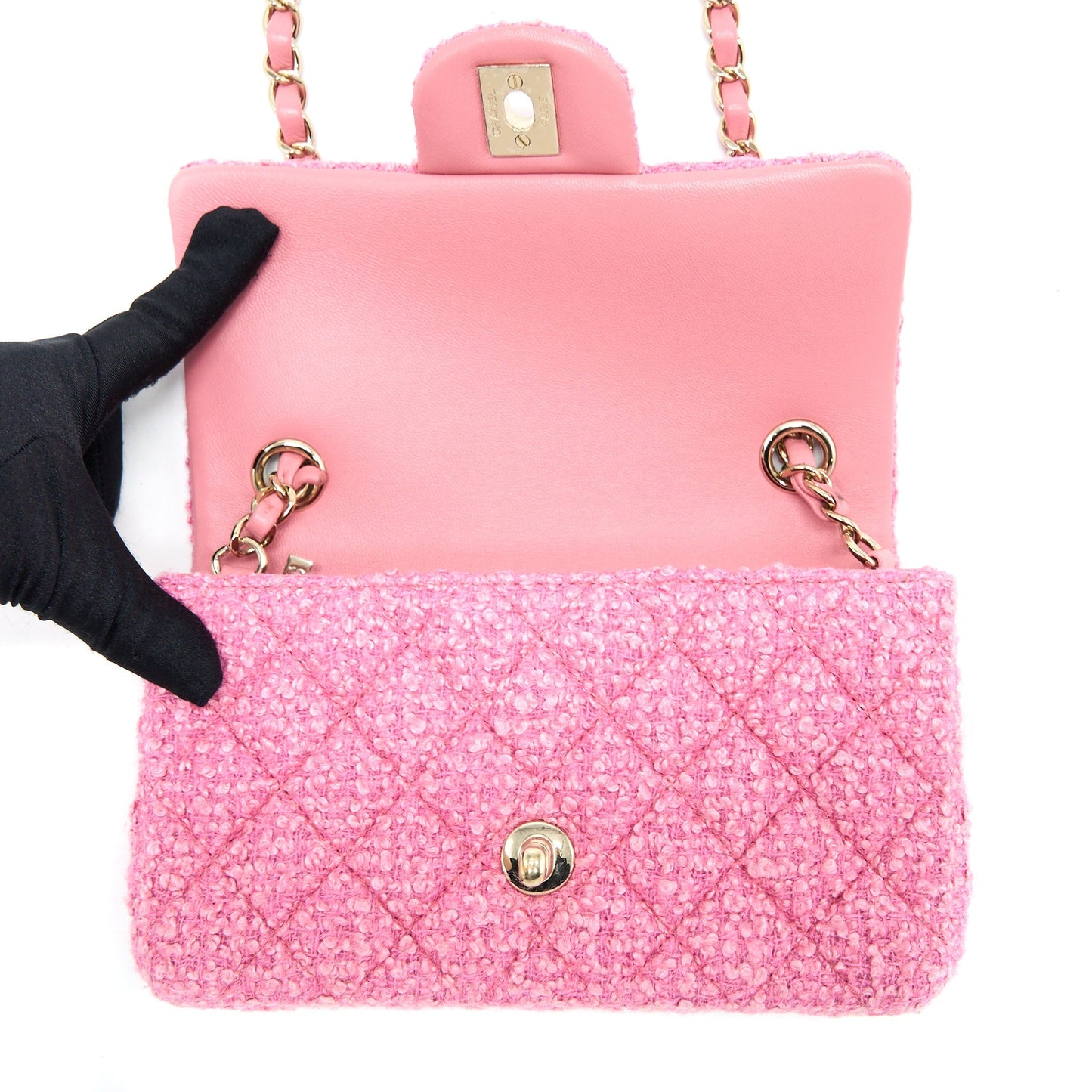 Chanel Mini Rectangular Flap Bag Tweed Pink L (Microchip)