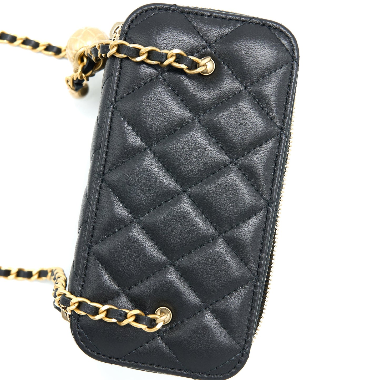 Chanel 22A Pearl Crush Long Vanity With Chain Lambskin Black